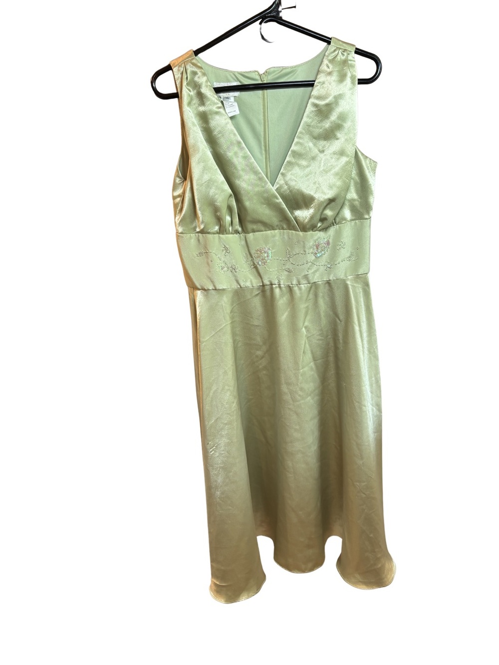 Narianna Light Green Satin V-Neck Beaded Midi Dress Size XL